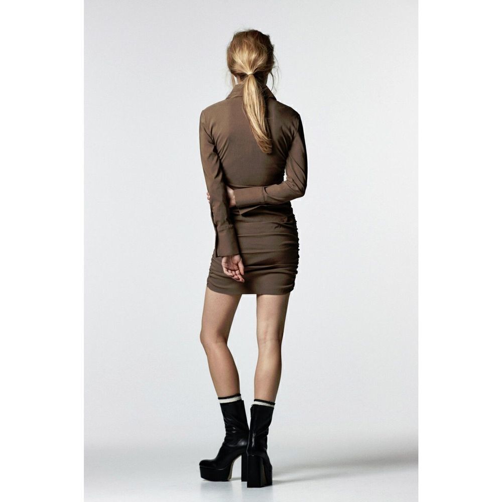 Zara Button Up Bodycon Shirt Dress with Ruching Tan Size Medium - Picture 3 of 11
